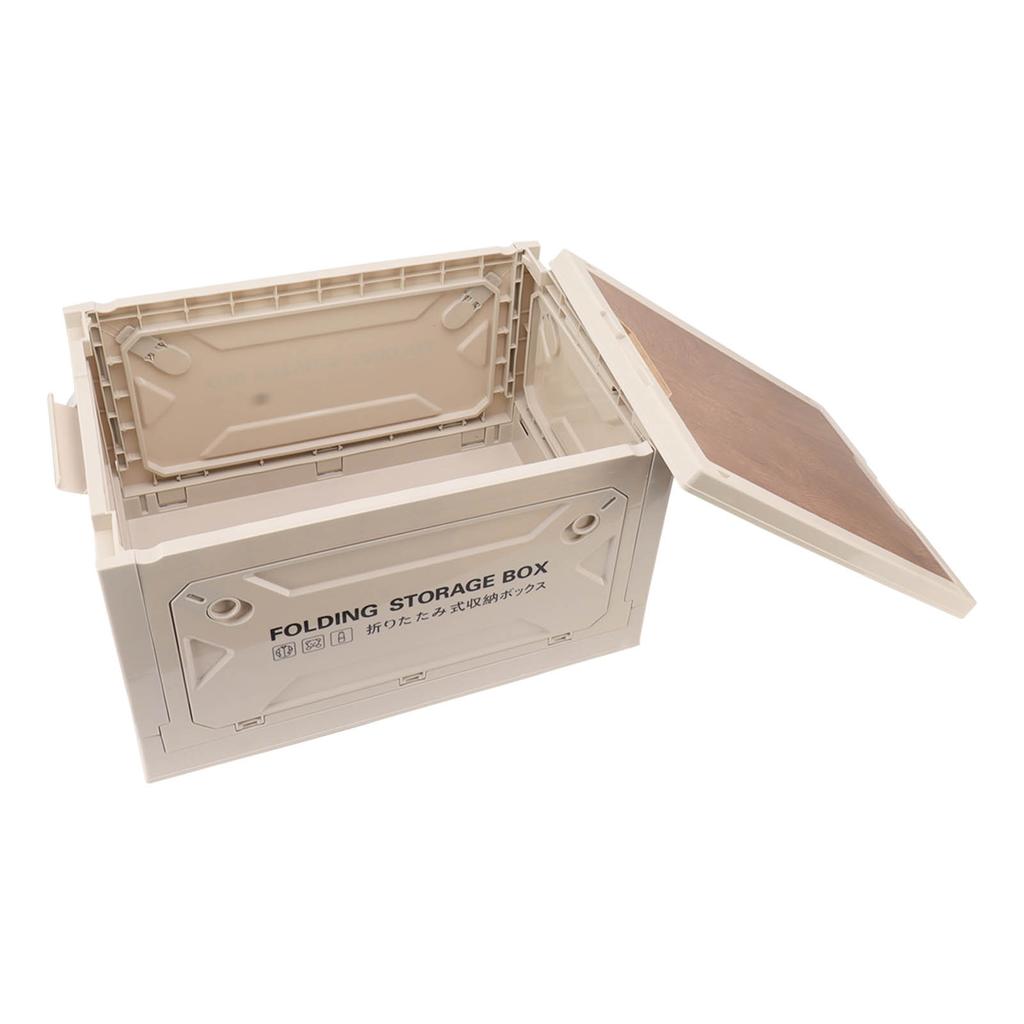 Folding Camping Storage Box with Wooden Lid Collapsible Storage Bin Container with Wheels for Car Camping Picnic