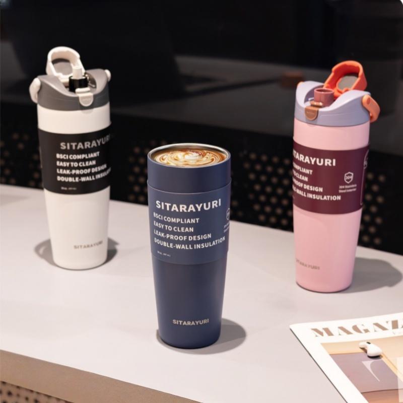 SITARAYURI Stainless Steel Insulated Bottle 900ML Double Drink Straw Thermos Cup Leak-proof Outdoor Sports Car Cups Hot Cold