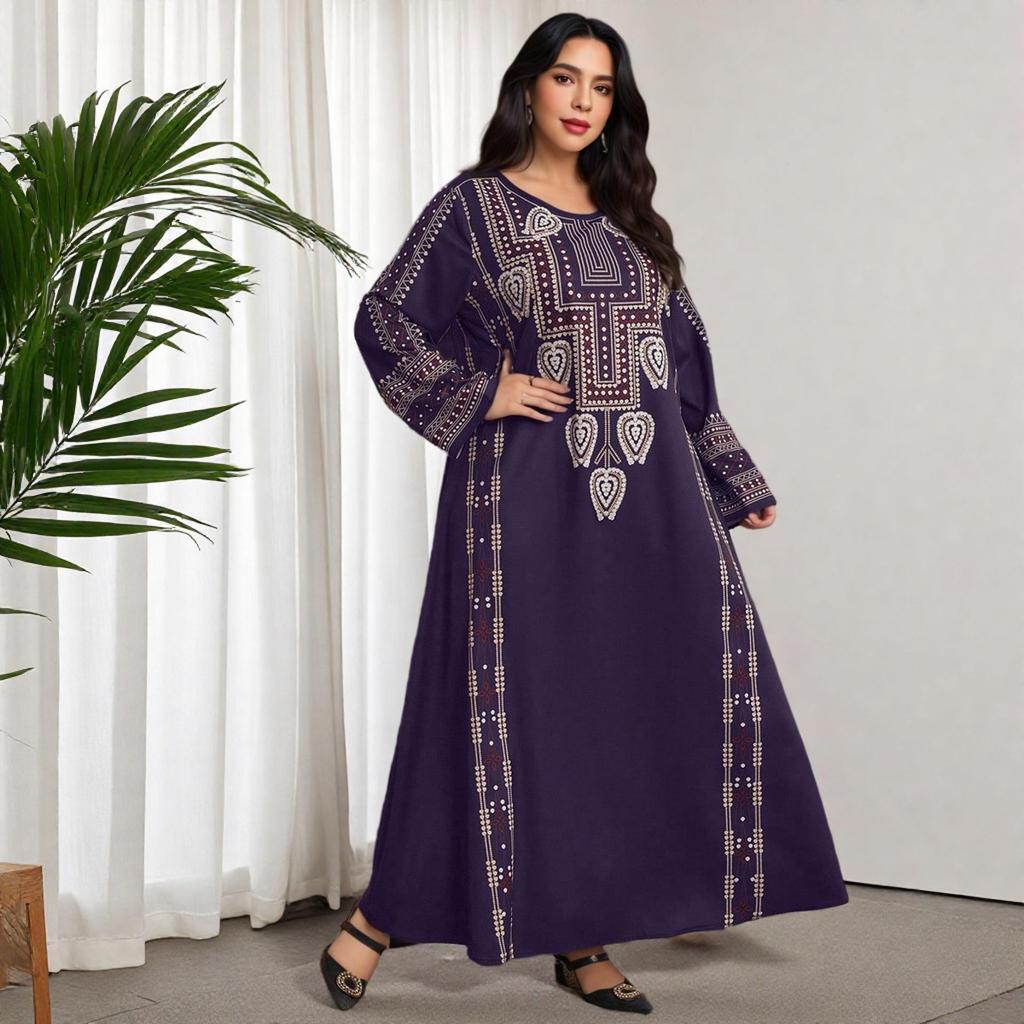Middle Eastern Ethnic Style Navy Blue Plus Size Long Dress with Long Sleeves