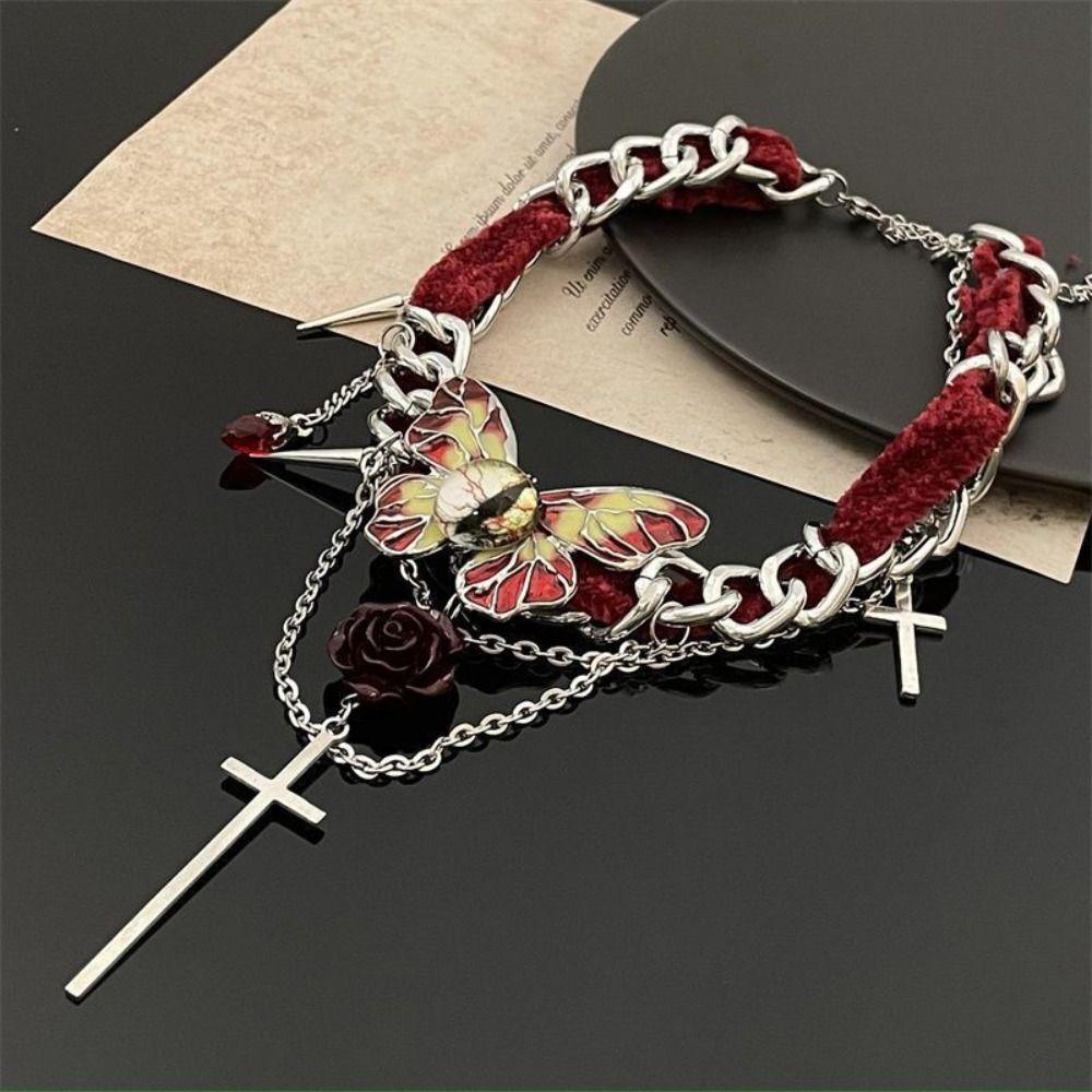 Eyes Y2K Velvet Necklace Gothic Style Tassel Beaded Necklace Vintage Butterfly Rose Choker Club
