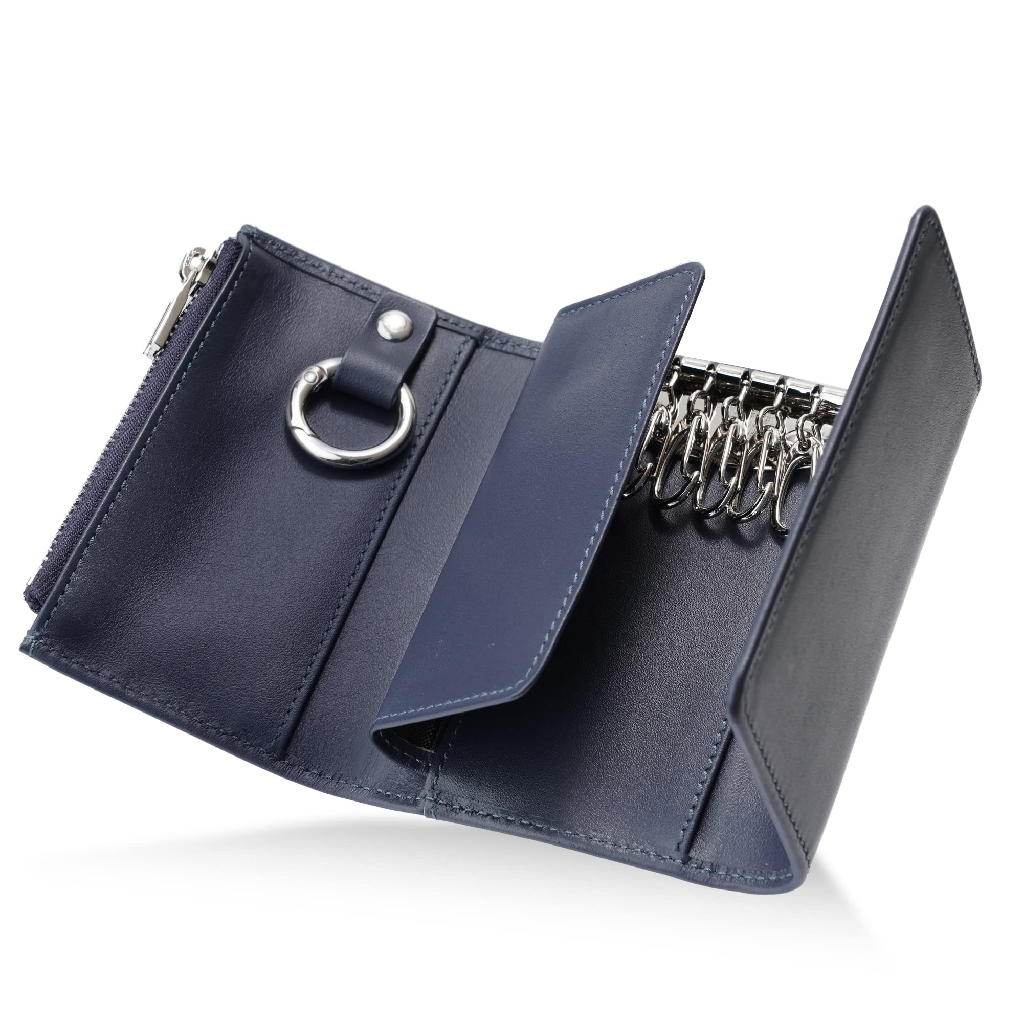 

FABULO Key Case with Smart Genuine Card Coin and Card 4 Colors Men s Key, Leather, Key, Purse, Slots, Small, (Navy)