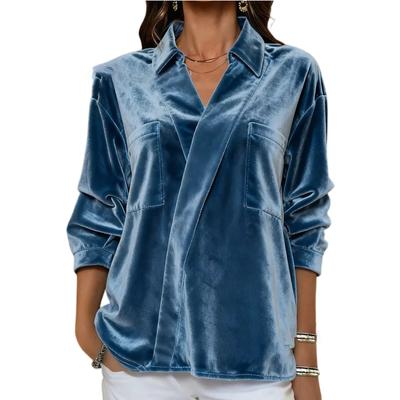 Fashionable Women's V,neck Versatile Velvet Lapel Shirt Women's Long Sleeved Shirt