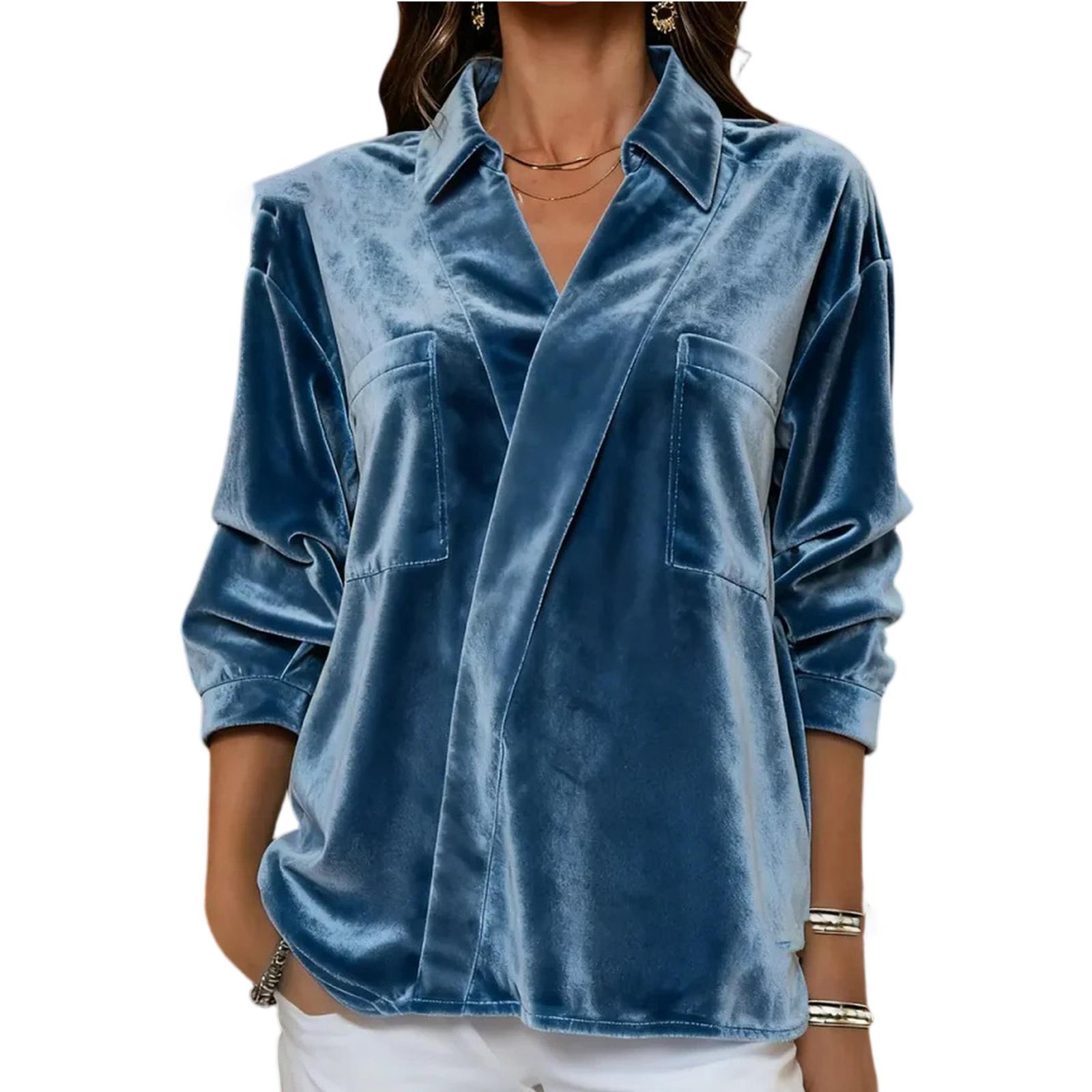 Fashionable Women s V-neck Versatile Velvet Lapel Shirt Women s Long Sleeved Shirt L синий