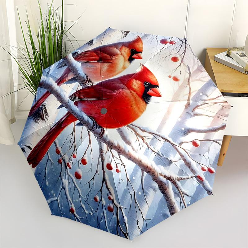 1pc Winter Cardinal Birds Auto-Folding Umbrella, Portable 3-Fold Design with 8-Bone Iron Frame, Outdoor for Fans, Travelers, Daily Use, Perfect Gift f