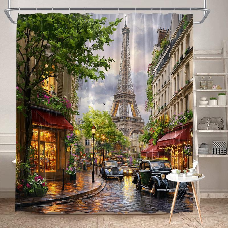 

Романтическая парижская уличная шторка для душа - Эйфелева башня, Винтажные автомобили, Мощеная улица, Полиэстер, 12 крючков W90xH180cm