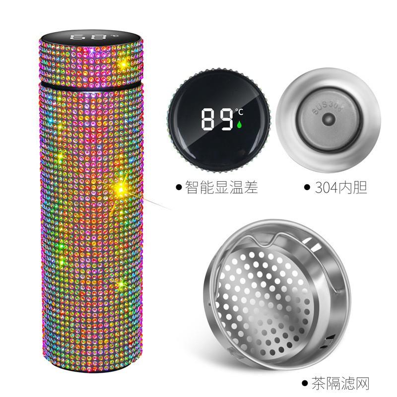 Stainless Steel Temperature Display Insulated Tumbler With Rhinestone Decor 500ml Straight Design Travel Cup Office Car