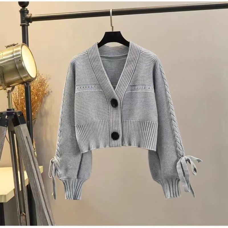 Temperament Thickened and Thin Knitted Cardigan Women's Winter Loose Short High-waisted V-neck Sweater Lantern Sleeve Jacket Top