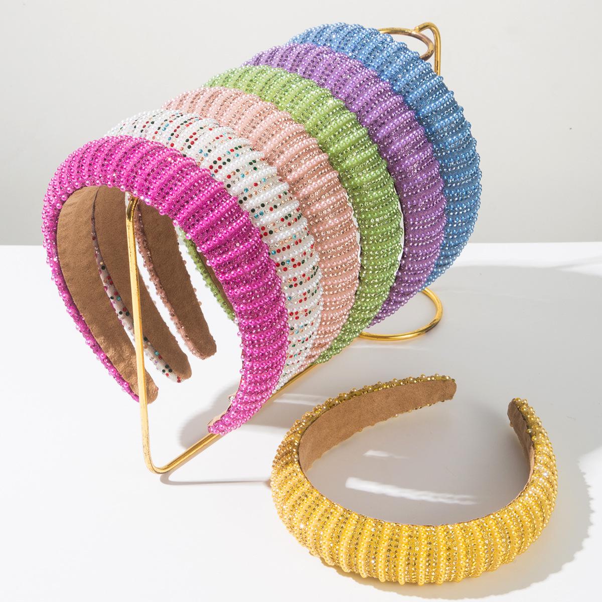 

European and American Trendy Fashion New Elegant Solid Color Hairband for Women Luxurious Shiny Rhinestone Pearl High-end Versatile Hair Accessory жовтий