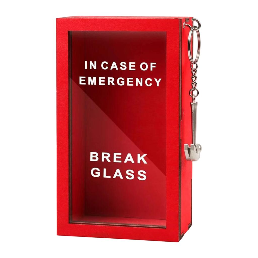 Emergency Glass Break Box with Mini Hammer Wooden Case Novelty Gag Gift for Desk or Wall Display Prank Item