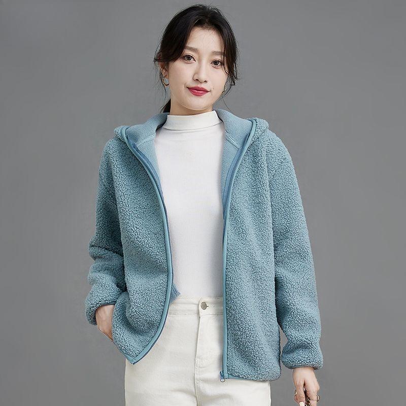 Women Faux Lamb Fleece Hooded Windproof Short Coat Autumn Winter Jacket