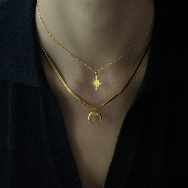 Gold-Plated Double Layer Moon & Star Pendant Necklace for Women, Personalized and Colorfast Titanium Steel, Hip Hop Style.