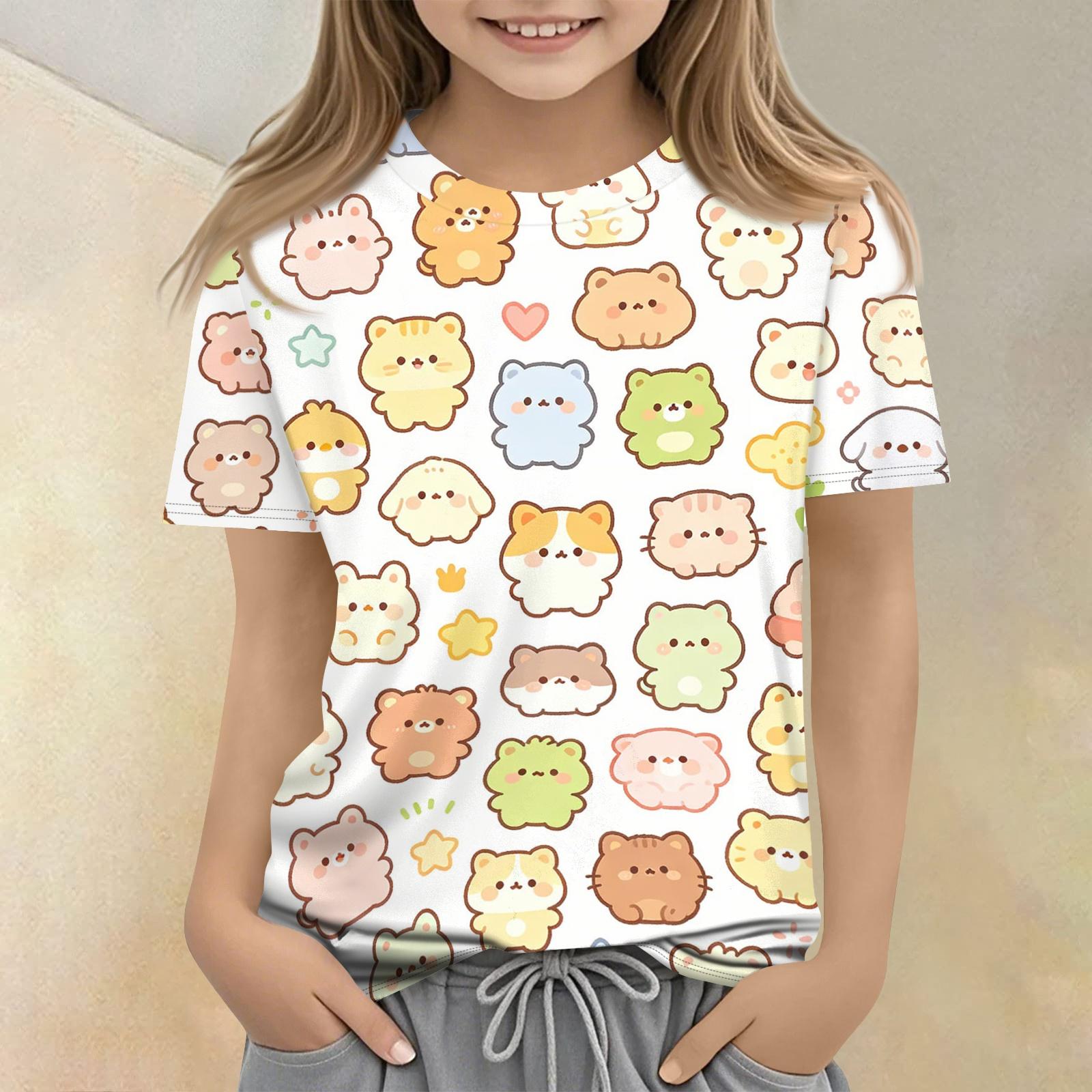 

Kids Animal Print Crew Neck Short Sleeve Casual Loose Fit T Shirt Comfortable Soft Fabric Lightweight Breathable Summer Wear 100 бежевый