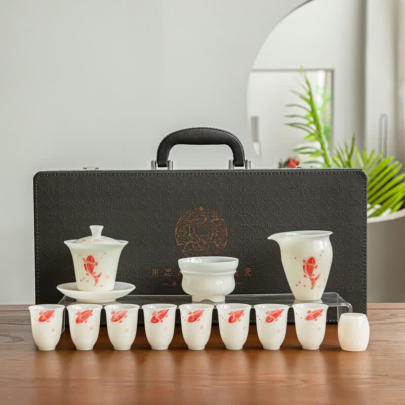 Tuopai Hand-Painted Koi Ice Jade Porcelain Tea Set