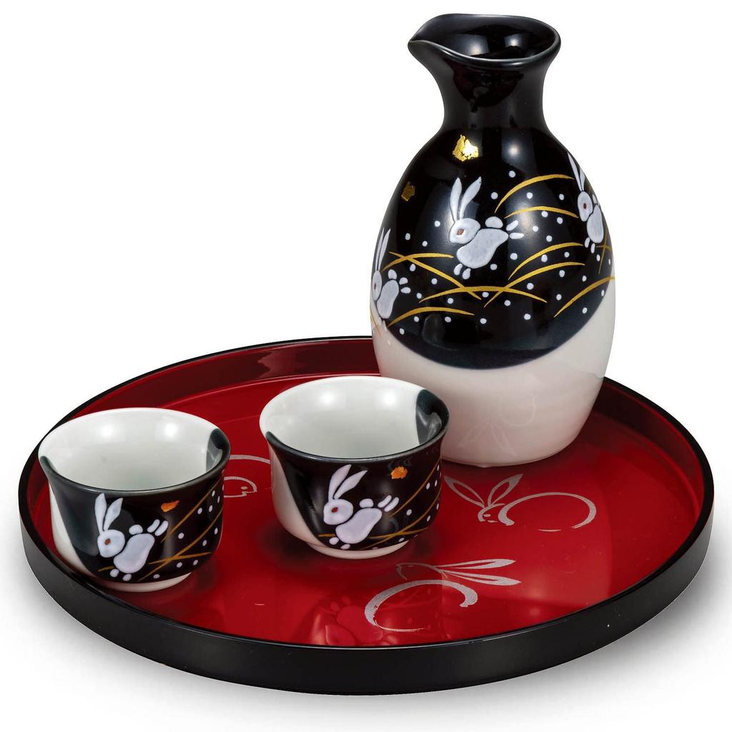 Waza No Kura Stylish Kutani Ware Sake Set with Rabbit Perfect for Evening Includes Japanese Made In A Perfect Gift for 60th 70th or 77th Design,