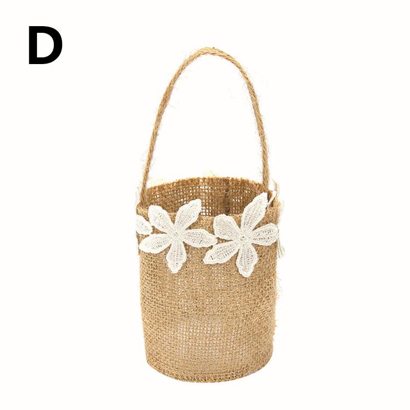 Wedding Lace Burlap Flower Basket Linen Handle Vintage Flower Basket Rustic Wedding Ceremony Lace Satin Flower Basket