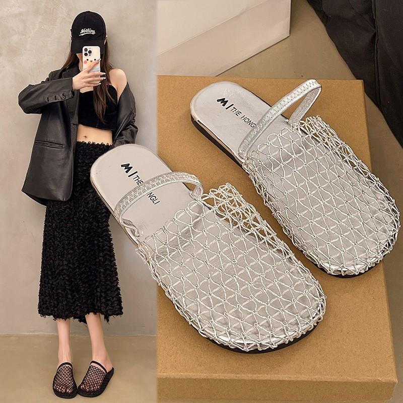 Flat-bottomed mesh fashion outer wear silver bag head half slippers women's shoes 2025 new summer soft-soled sandals
