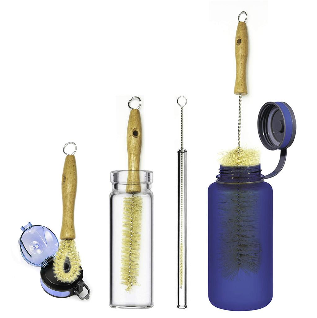Gaia Guy Cleaning Brush Set Sisal Brush Wooden for Cleaning Narrow Neck Kettles Includes Lid Long Straw Brush (Plastic Free) + Handle) Bottles,