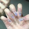 Artificial Nails Taro Milk Wear Nails Blue French Crystal Butterfly with Diamonds Ice Transparent Nail Art Long False Nails