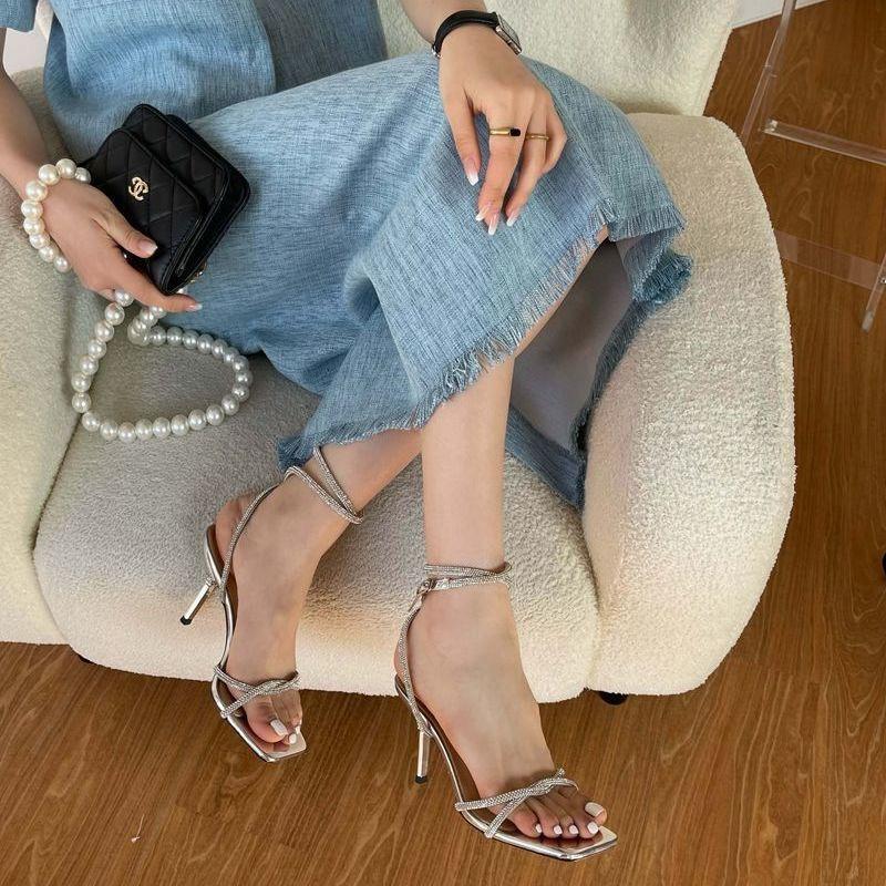Rhinestone Stiletto High Heels Women's Silver Temperament Socialite High Sense One-word Strap Sandals 2025 New Summer