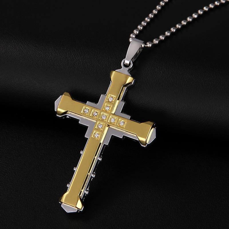 

Cross border new Dark Knight domineering three-layer men s necklace, foreign trade accessories, diamond studded cross pendant