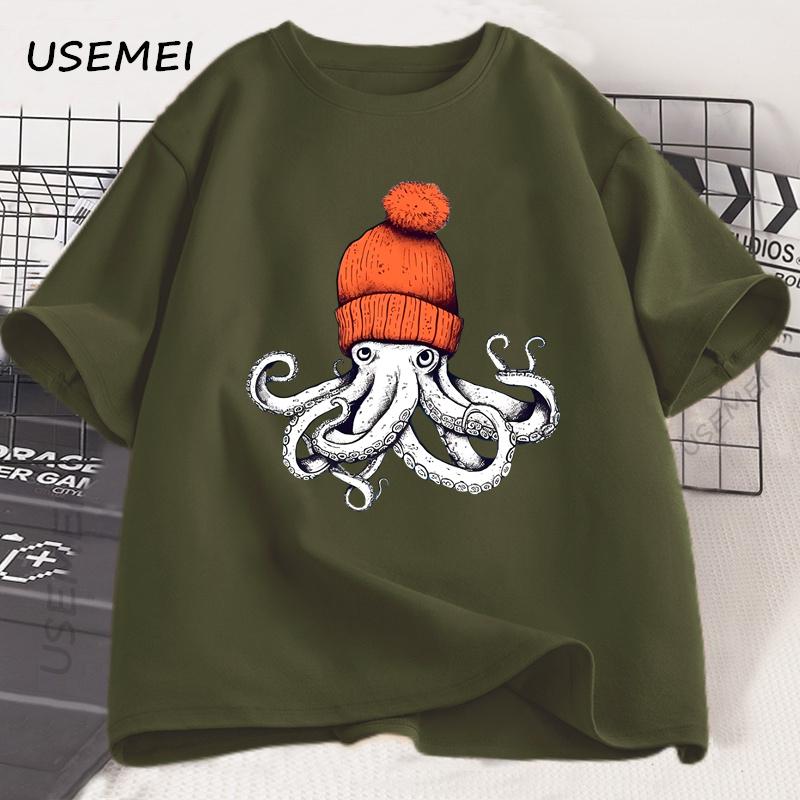 Octopus Orange Beanie Cotton T-shirt Japanese Style Graphic Tees Casual Cotton Short Sleeve Round Neck Tshirts Unisex Clothes
