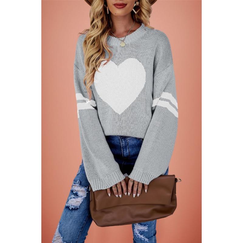 Autumn and Winter Women's Temu Hot-selling Sweaters Contrasting Colors Love Peach Crew Neck Knitted Sweater Valentine's Day