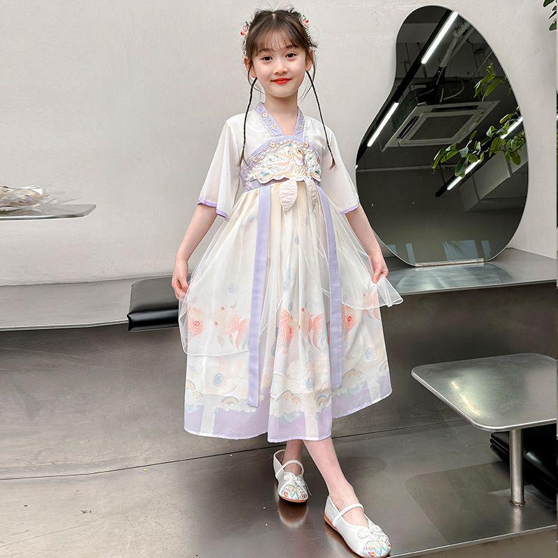 Flickornas Hanfu Sommar Tang-dräkt Prinsessklänning - Kortärmad Forntida Kinesisk Stil Älvkostym