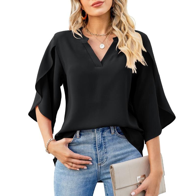 Summer V-neck Loose Casual Office Women Blouse Elegant Petal Short Sleeve Ruffled Chiffon Top Fashion Female Solid Color Simple Shirts Women Vlothing