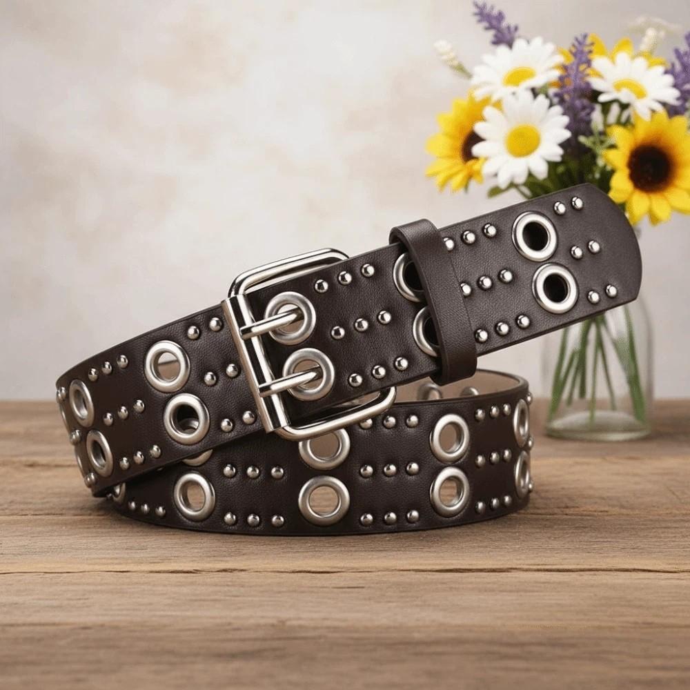 Double Row Needle Buckle Hollow Rivet Belt Adjustable Black Leather Waistbands  Women