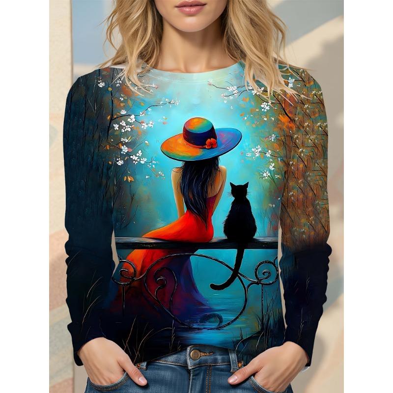 Artistic Landscape Painting Pattern, Slim Fit, Casual Round Neck, Long Sleeves, Everyday Creative Oil Painting Design Pattern.