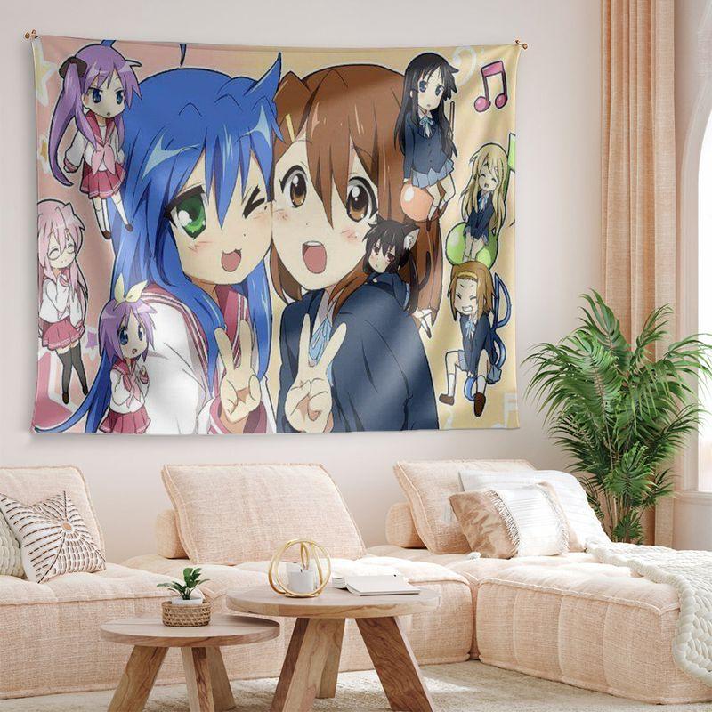 Japanese Lucky Star Light Tone Girl Linkage Anime Tapestry, Kawaii Wall Hanging for Bedroom Dorm Decor