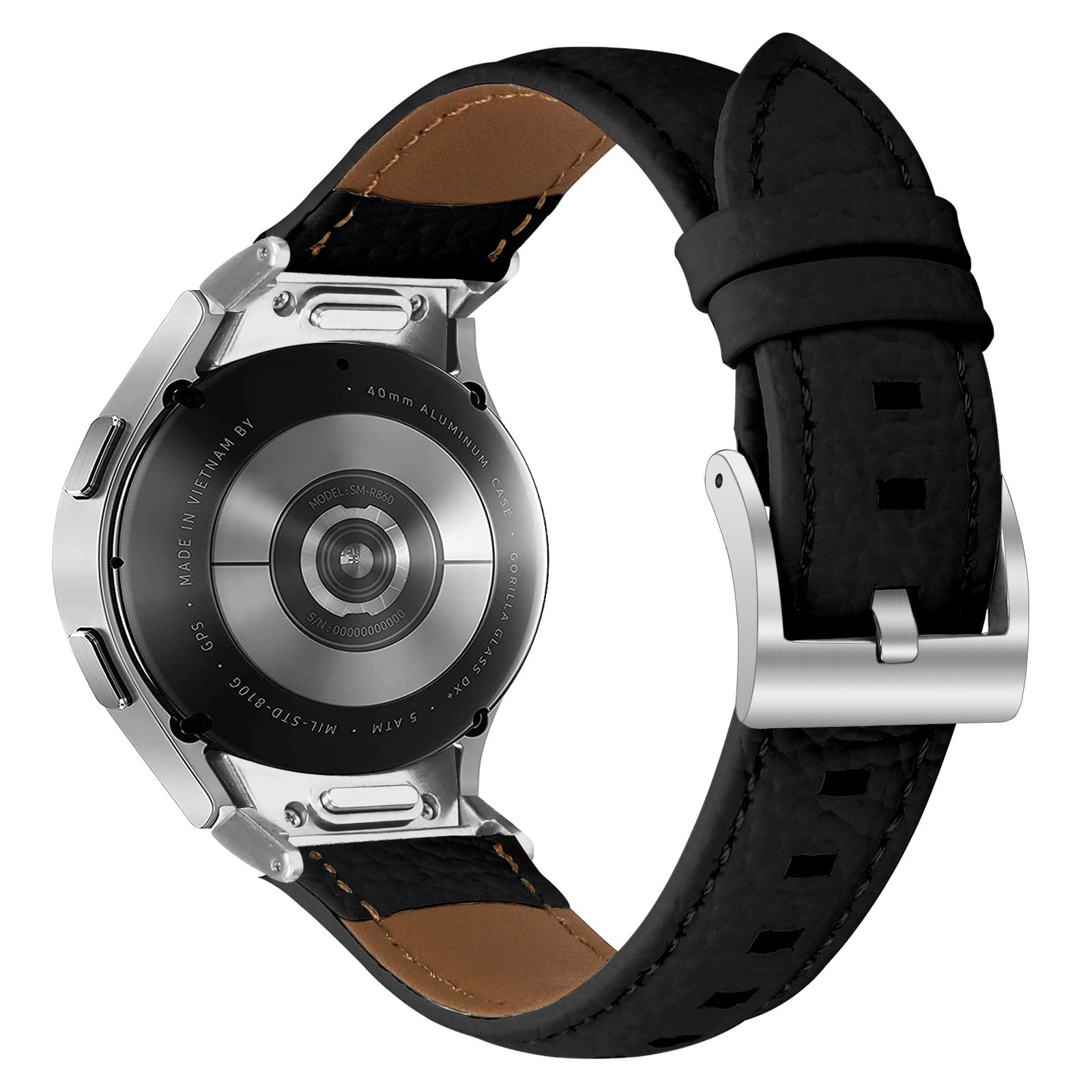 

Genuine Cow Leather Strap with Connector for Samsung Galaxy Watch FE 40mm/Watch7/Watch6/Watch 5/Watch4 Litchi Texture Silver Buckle Watch Band