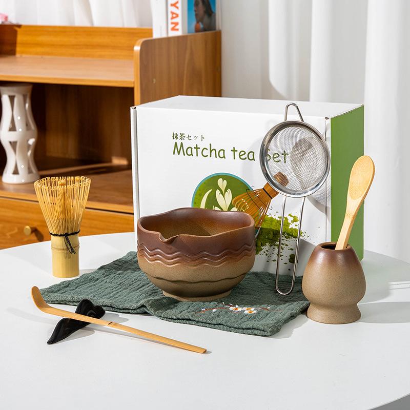 5-8pcs INS coarse pottery gradual change color tea stand matcha bowl set to order tea retro Matcha whisk set of tea tools