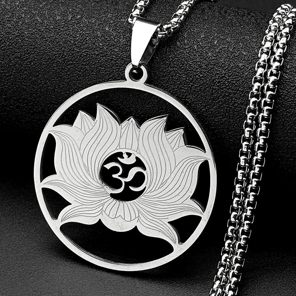 Lotus Flower OM Symbol Hindu Buddhist Pendant Necklace for Women Men Stainless Steel Gold Silver Color Healing Chain Jewelry