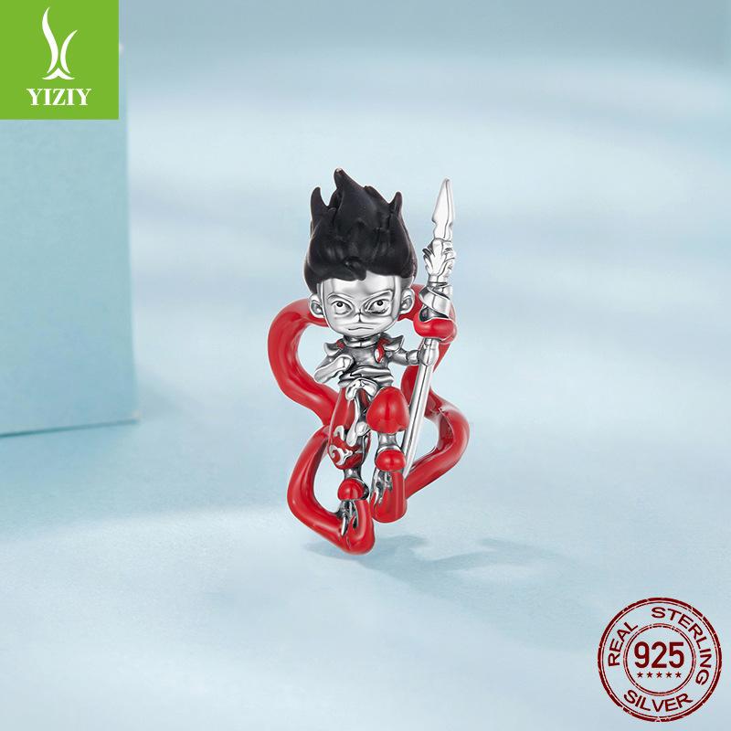 S925 Sterling Silver Nezha Bracelet Beaded National Tide Style Animation Diy Beads Loose Bead Jewelry Accessories
