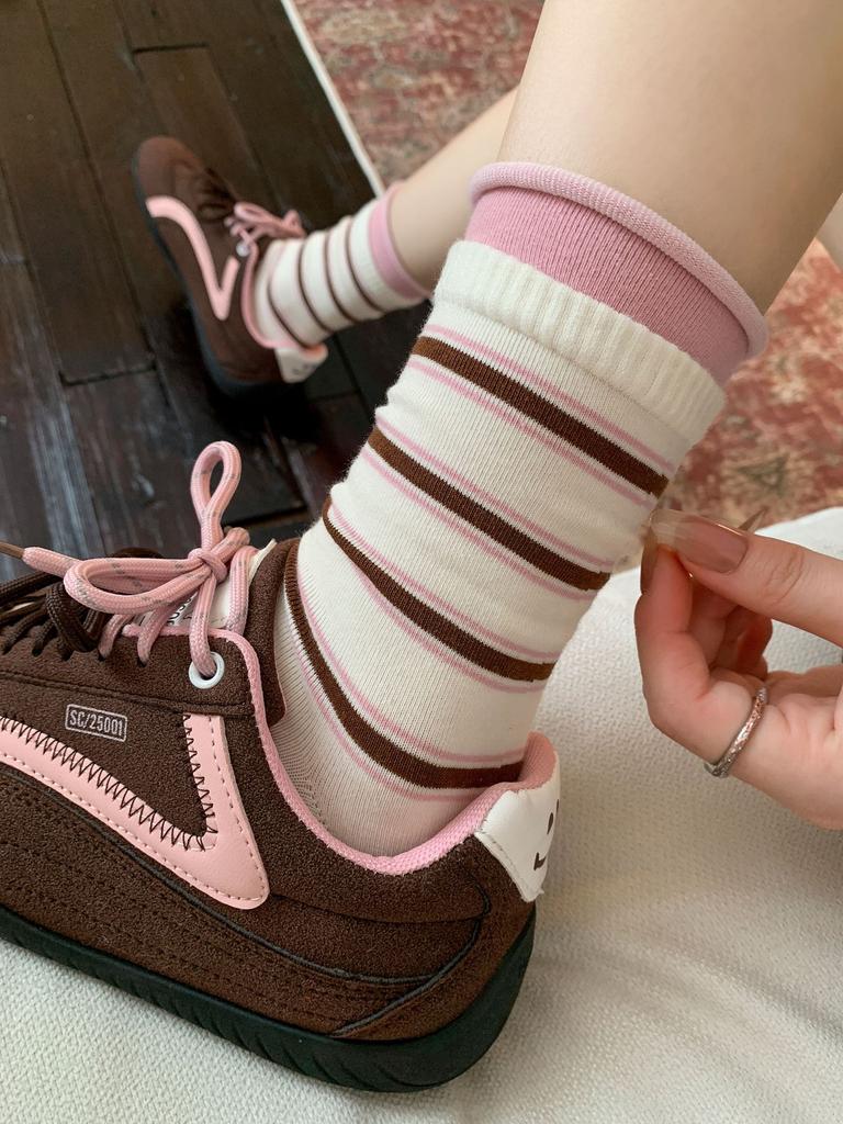 Splicing Striped Socks Children'S Medium Tube Socks Spring And Autumn Tide Contrasting Color Niche Stacking Stockings