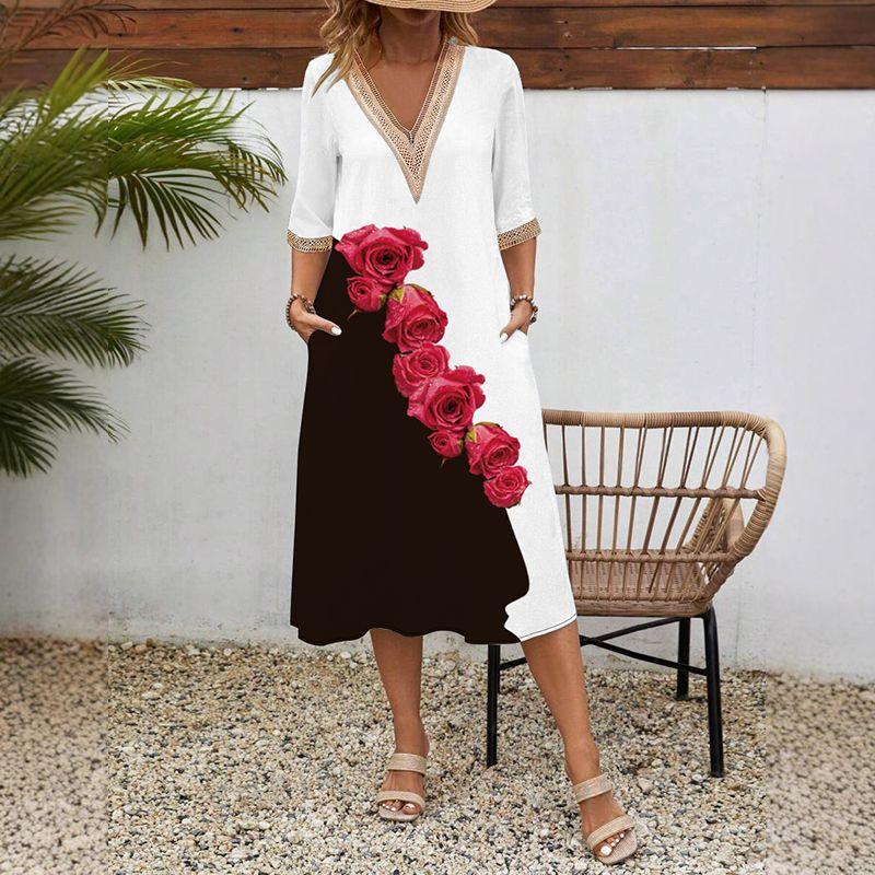 

Stage Performance Catwalk Plus size women clothing 3D Print Dress Short sleeve Lace V-neck Loose Large Hem Midi dress 8207-12 L