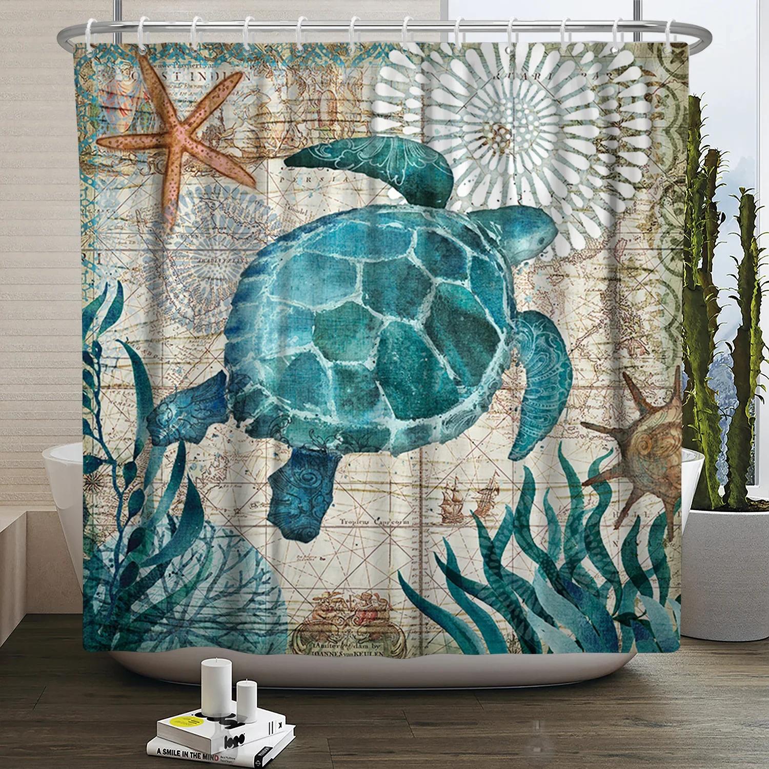 

Fun Cartoon Sea Animal Shower Curtain, Sea Turtle Octopus Jellyfish Whale Crab Sea Life Landscape, Bathroom Shower Curtain Set W120XH180cm