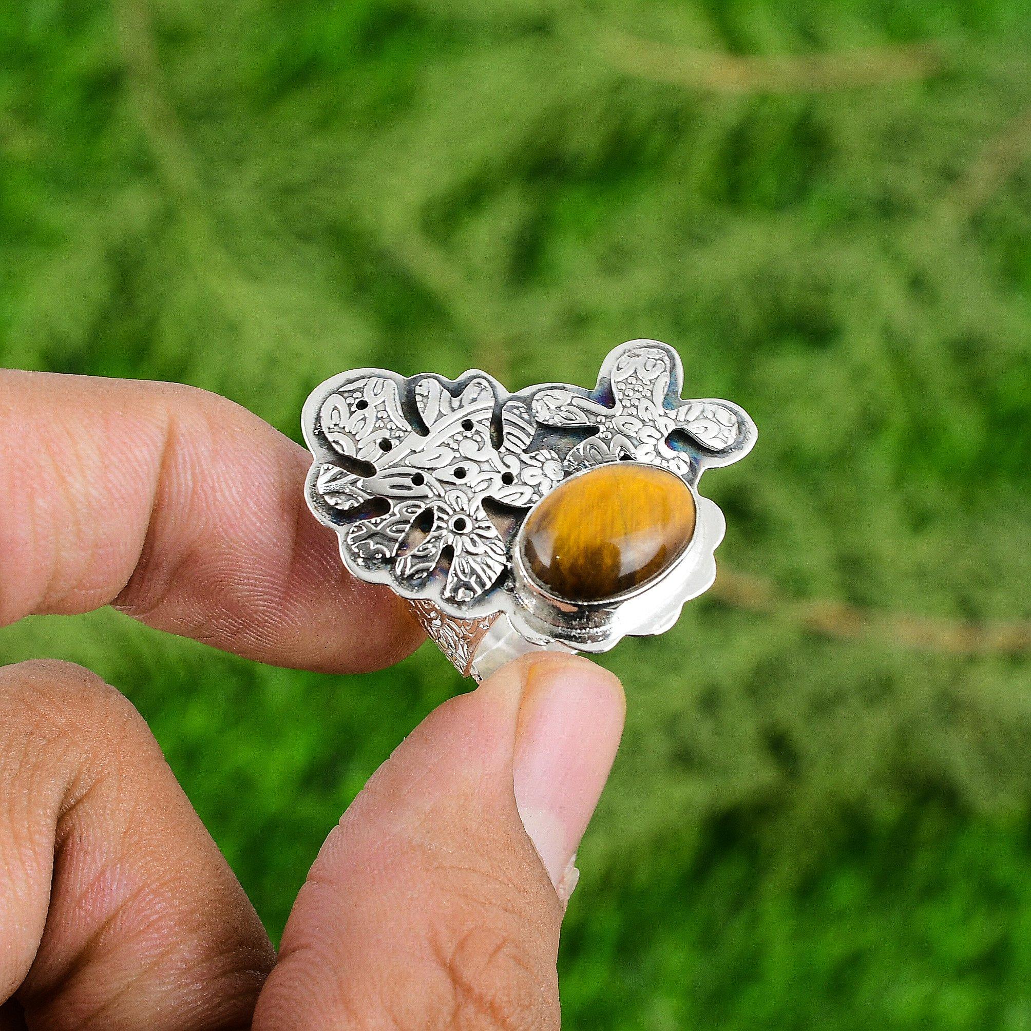 

Свадебный подарок для нее Кольцо-заявление из серебра 925 пробы с натуральным тигровым глазом, регулируемое Adjustable