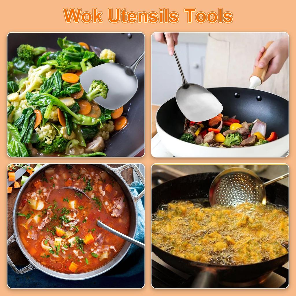 FJNATINH Ladle 17 Inch Wok Ladle 304 Stainless Steel Wok Spatula (walnut - 3pcs)