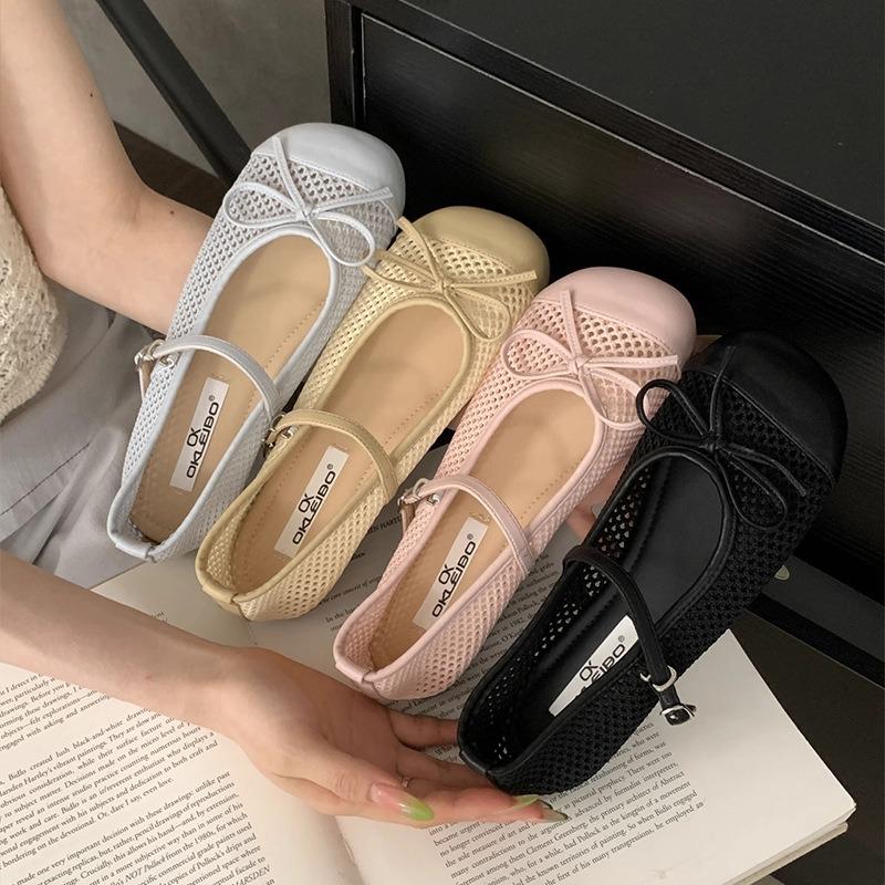 Flat-bottomed mesh breathable Mary Jane single shoes women's summer new gentle evening bow sandals mesh shoes