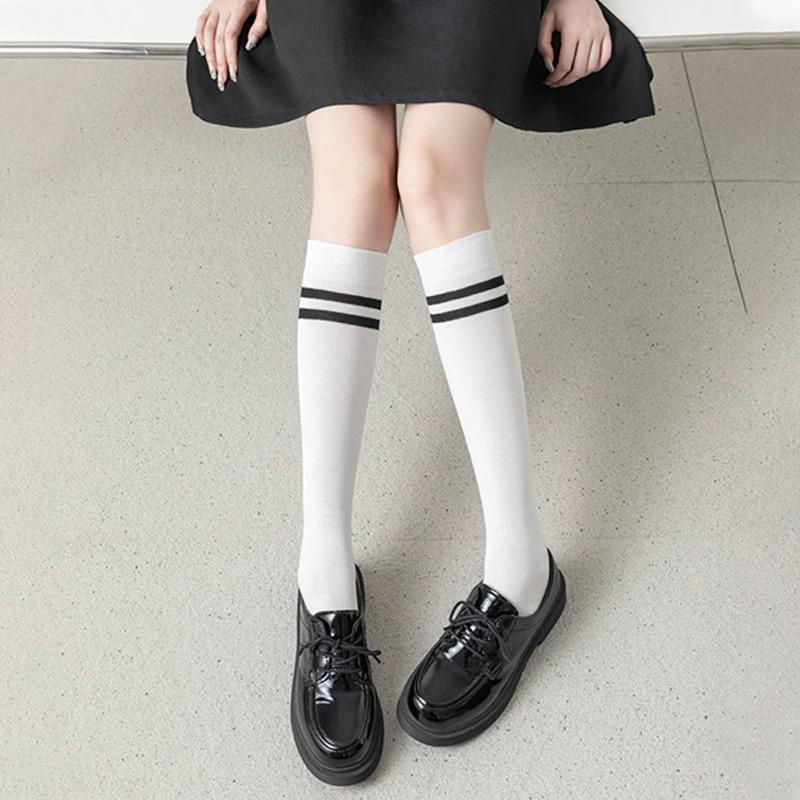 Women Striped Cotton Long Socks Japanese JK Black White Knee High Stockings Students Girls Solid Color Long Tube Leg Warm Socks