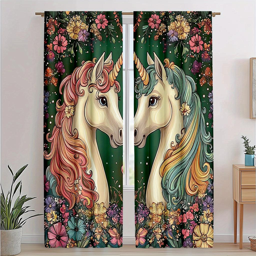 2pcs Unicorn Princess Curtains - Enchanted Floral and Fantasy Art Design   Semi-Transparent Polyester Drapes for Bedroom and Livi