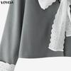 VONDA Women Casual Low Cut Neck Lace Bow Knot Long Sleeve Elegant Office Blouse