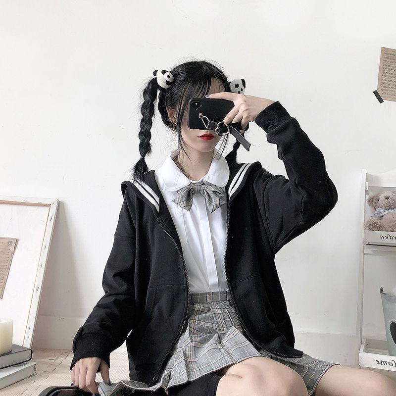 Women's Qweek Zipper Sweatshirt, Black Sweatshirt with Navy Collar, 2021 Japanese Fashion