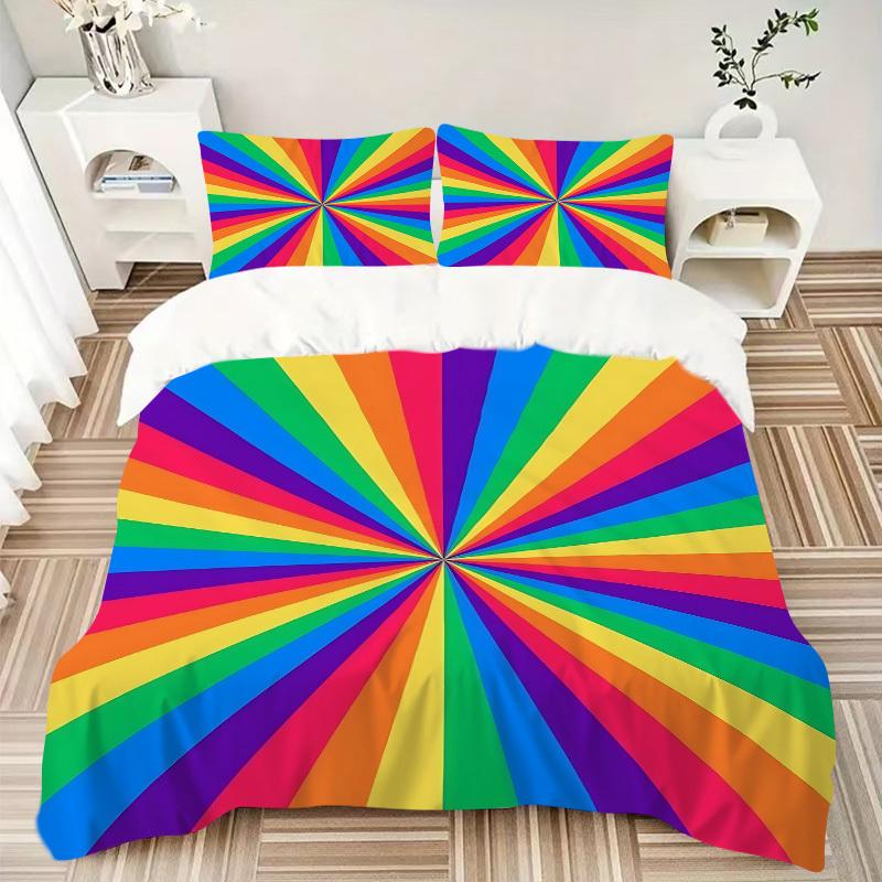 3pc Rainbow Stripes Cover Set - 1 Quilt Cover + 2 Pillowcases, All Seasons Bedroom Setting, Perfect for Home080