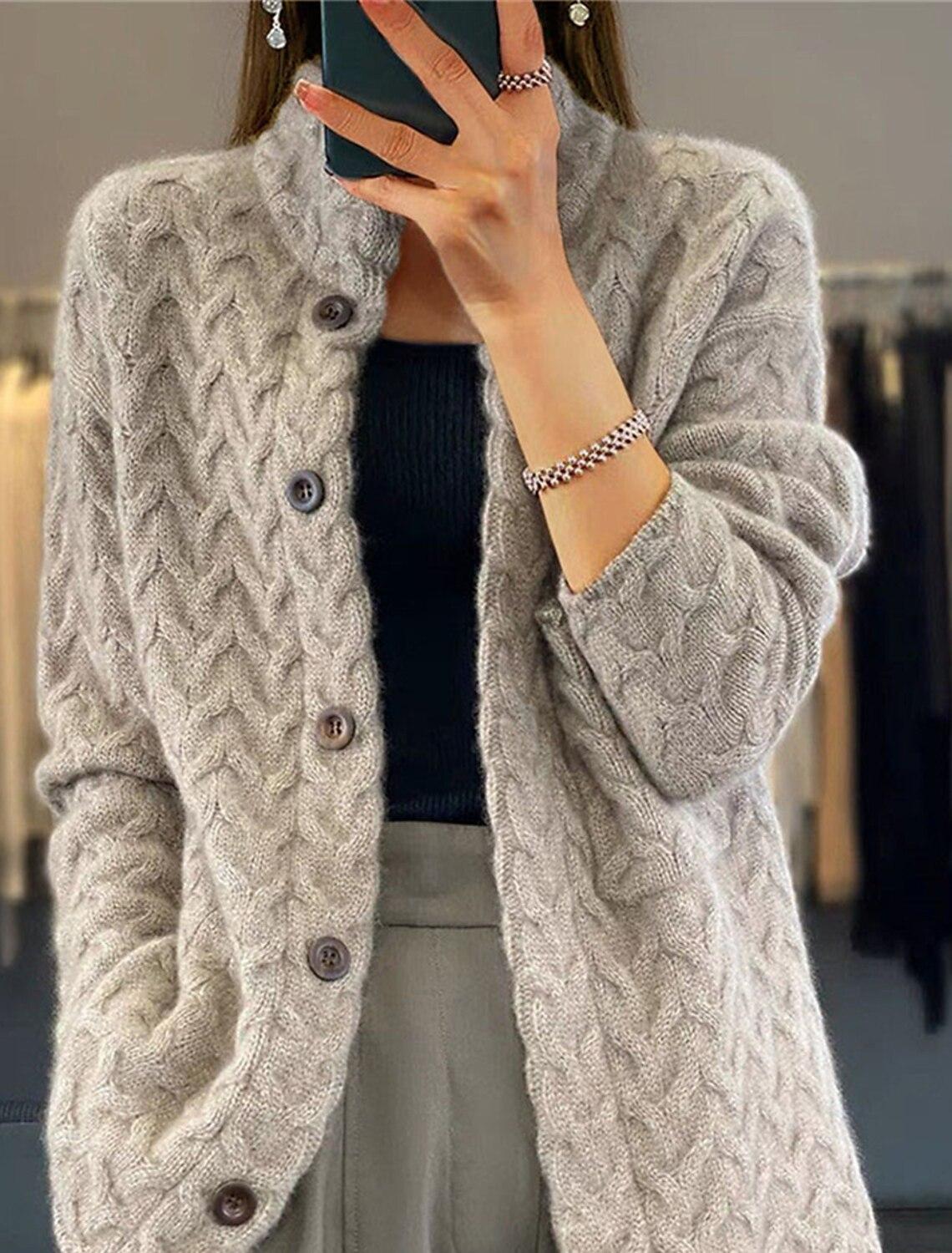 women s Solid Stand Collar Cable Knit Single Breasted Long Sleeve Loose Knit Cardigan Fall Casual Sweater Coat S верблюд