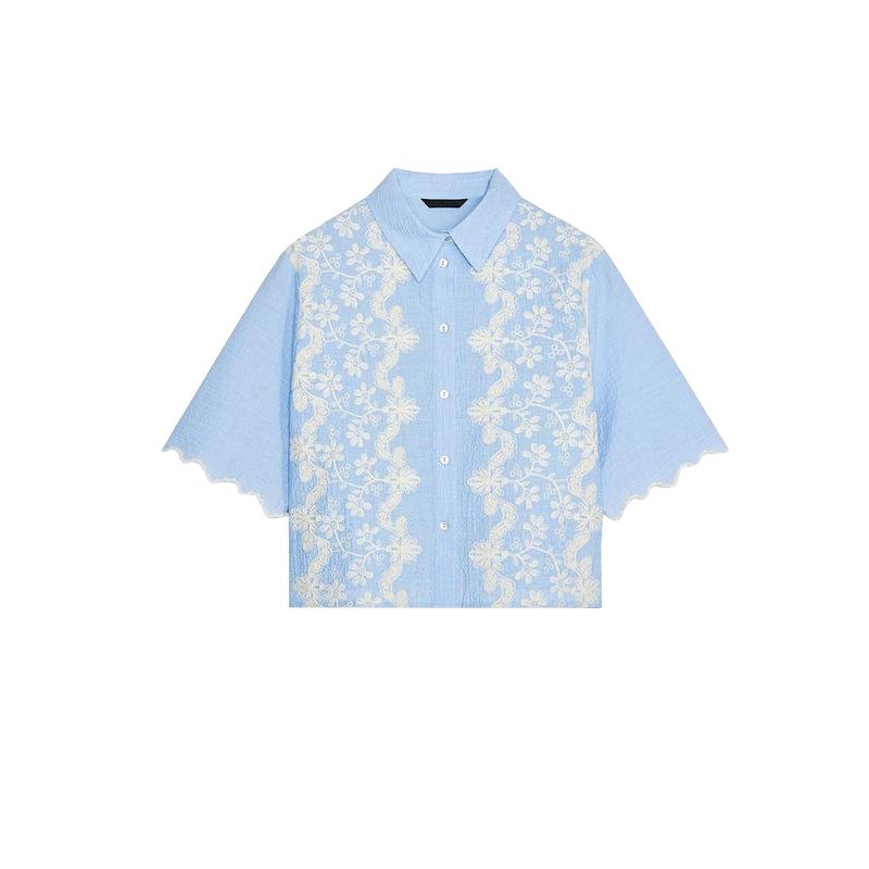 

Summer New Product Women s Clothes Contrast Color Embroider Fashion Minimalist Short Sleeve Lapel Short Shirt Tops 3564074 Sky Blue L