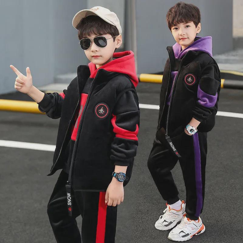 Men's Black Winter Korean Hooded Pullover and Pants Three-Piece Set