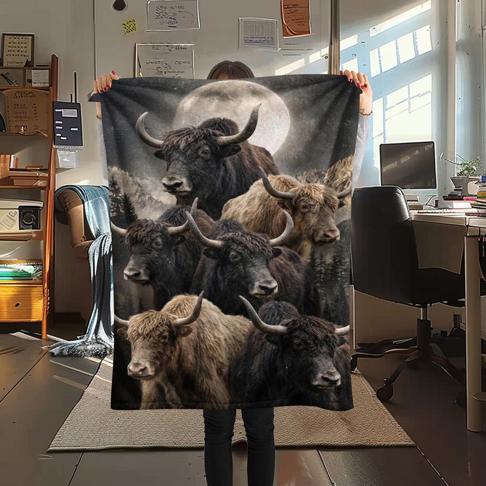 1PC Moonlit Highland Yaks Print FlAannel Blanket, High quality Comfortable for All Seasons, Home Decor, Warmth and Comfort